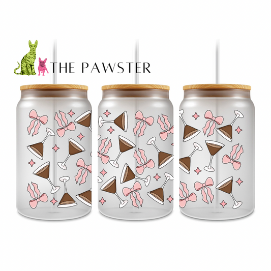 Double-sided UV DTF cup wrap with espresso martinis, pink bows, and sparkles on a frosted glass can
