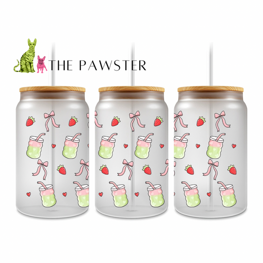 Double-sided UV DTF wrap with green strawberry matcha jars, pink bows, red hearts, and strawberries on a clear background