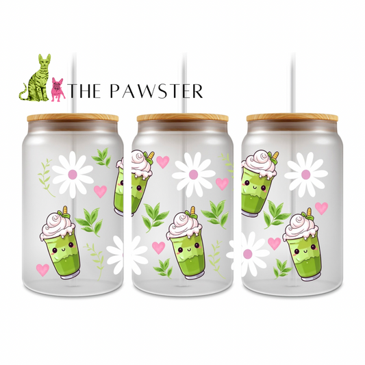 Glass can with matcha UV DTF wrap featuring cute whipped matcha cups, daisies, pink hearts, and green leaves