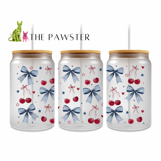 Double-sided UV DTF wrap featuring cherries, gingham bows, red hearts, and navy stars on a clear background