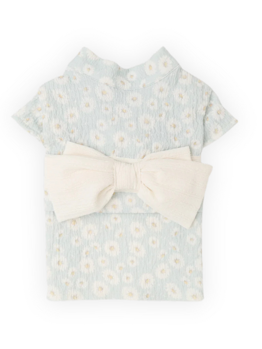 Light blue floral dog kimono dress with velcro closure and cream bow - front view
