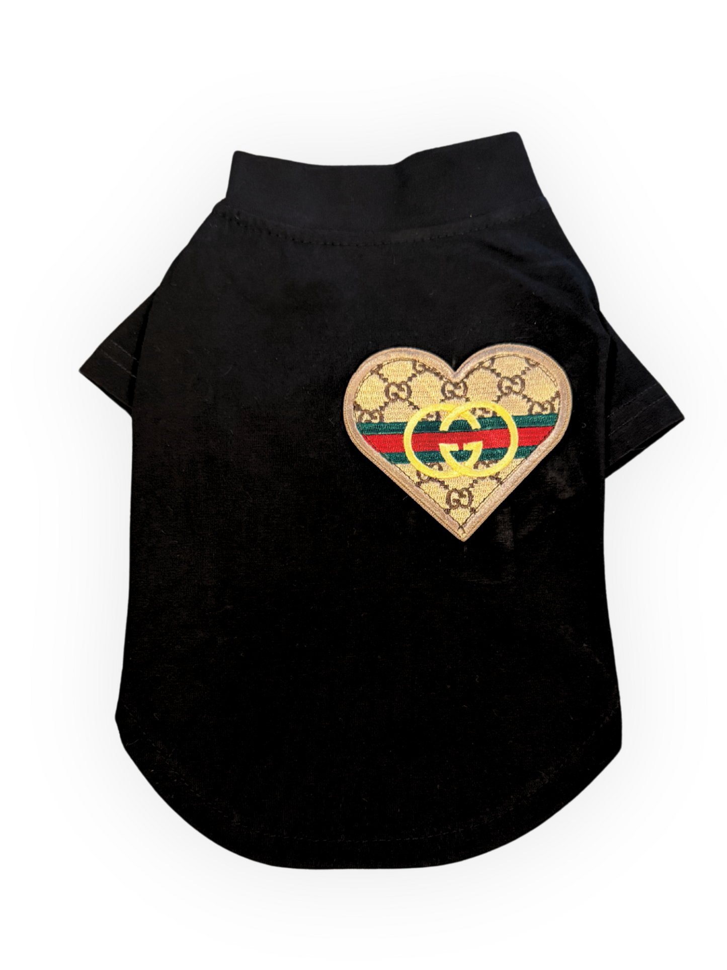 Stretchy dog tee with high neck and heart patch on back – front view