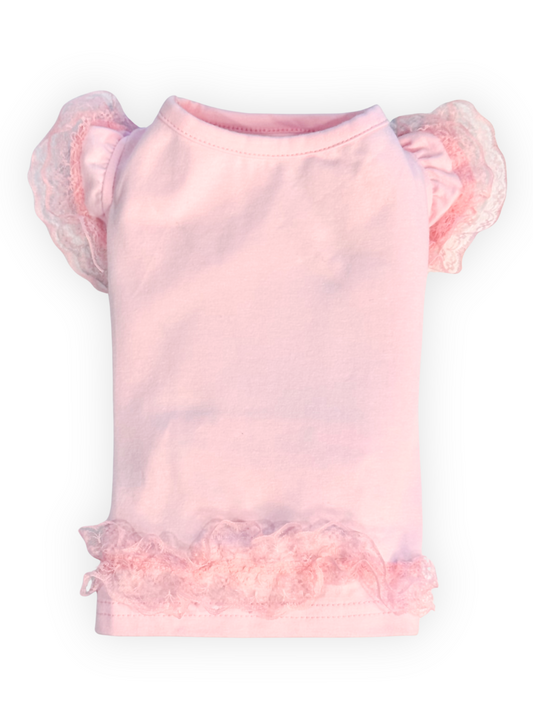 Laced with Love Top – Stretchy Dog Shirt with Ruffles, Lace Trim & Heart Jewel