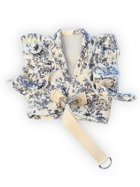 Ruffle & Rue Dog Harness Set – Toile Print Harness with Ruffle Sleeves & Matching Leash