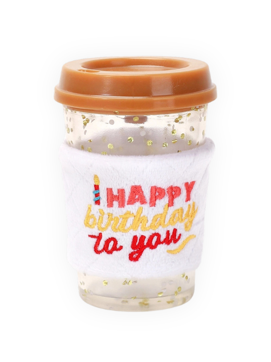 Brown birthday coffee plush squeaky dog toy with crinkle sleeve