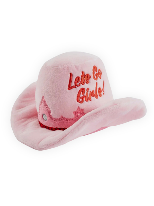 Haute Diggity Dog pink cowgirl hat dog toy with “Let’s Go Girls” embroidery from The Pawster Rodeo Luxe collection
