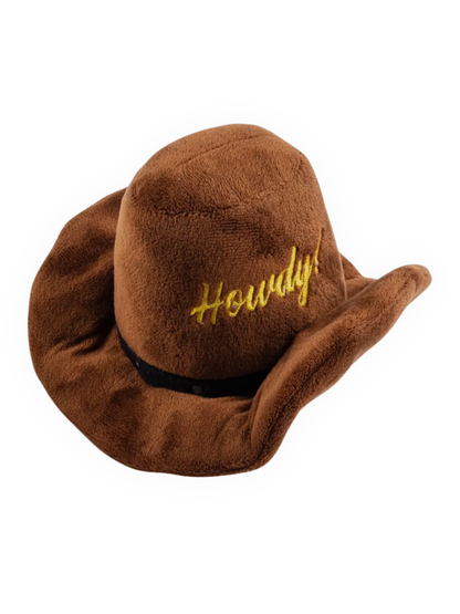 Haute Diggity Dog brown cowboy hat dog toy with “Howdy” embroidery from The Pawster Rodeo Luxe collection