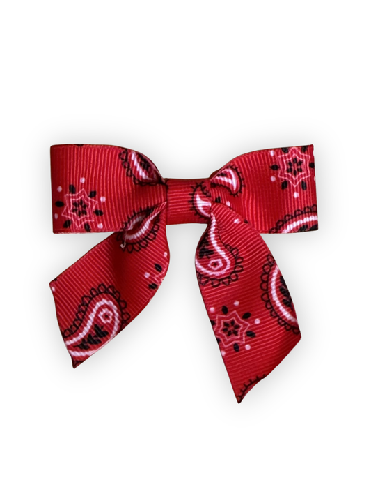 Handmade red bandana dog hair bow with alligator clip from The Pawster Rodeo Luxe collection
