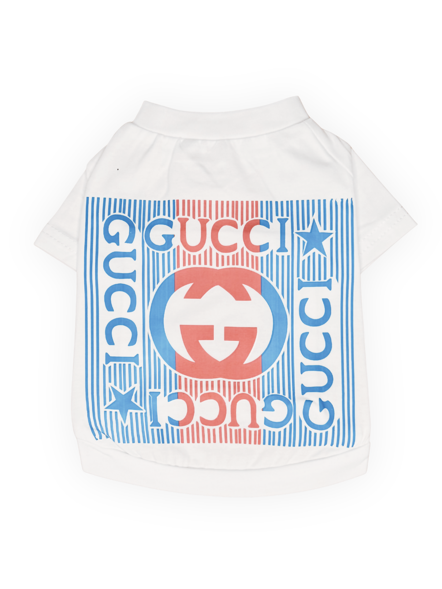white patriotic dog tee with red and blue graphic design