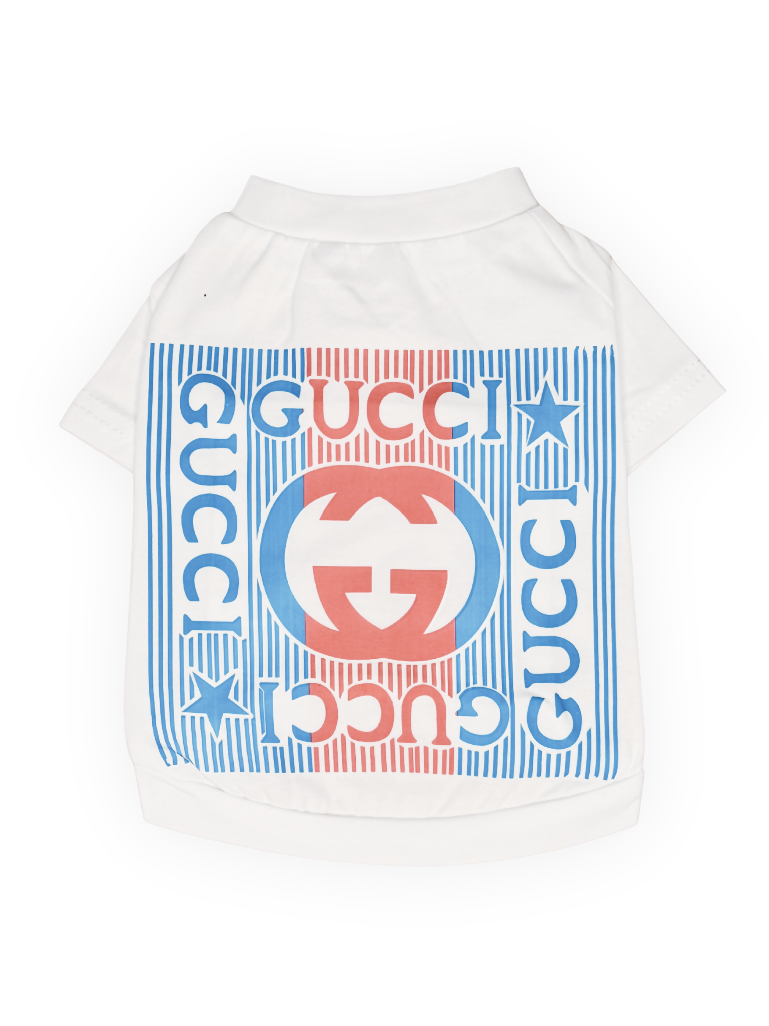 white patriotic dog tee with red and blue graphic design