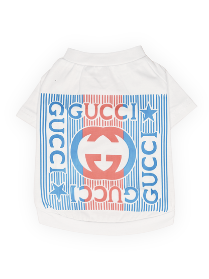white patriotic dog tee with red and blue graphic design