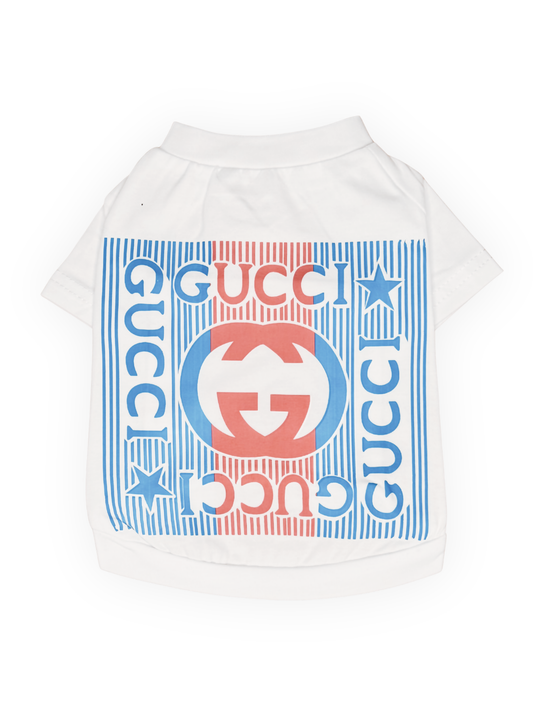 white patriotic dog tee with red and blue graphic design