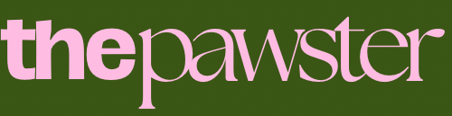The logo for 'the pawster' features the brand name in a light pink serif typeface against a solid dark green background.