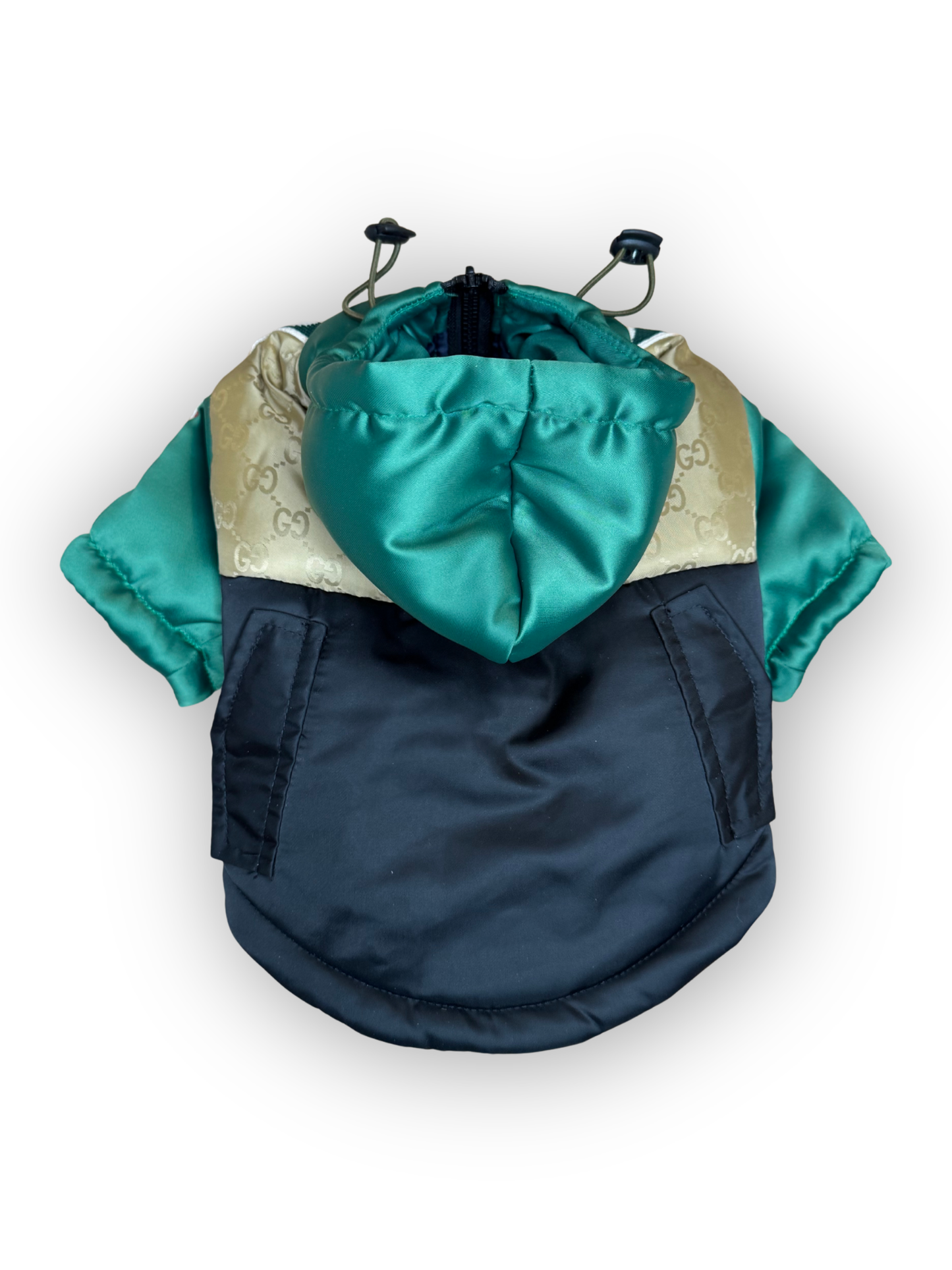 The Grrrci Luxe Bomber designer dog jacket with logo sleeves and adjustable drawstring hood – The Pawster