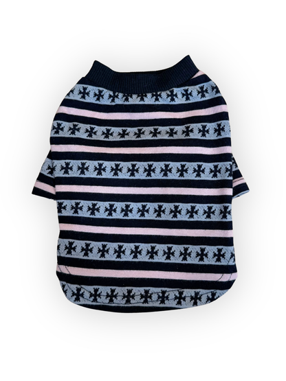 High-neck striped dog top in pink, black, and gray worn in size small