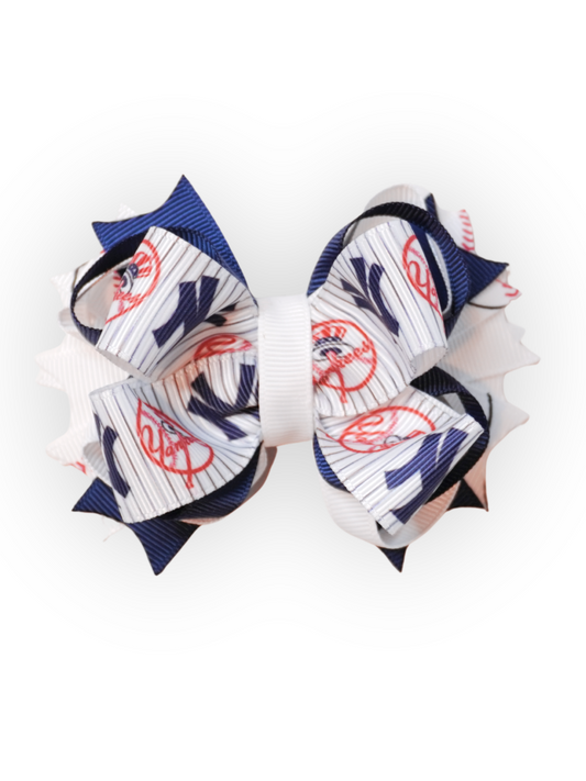 Handmade Yankees-inspired layered grosgrain bow for dogs, kids, and adults with secure clip