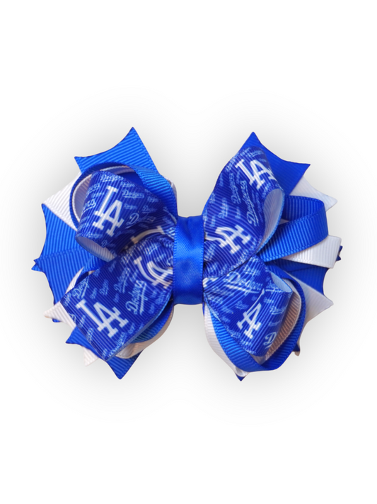 Handmade LA Dodgers-inspired royal blue and white layered grosgrain bow for dogs, kids, and adults
