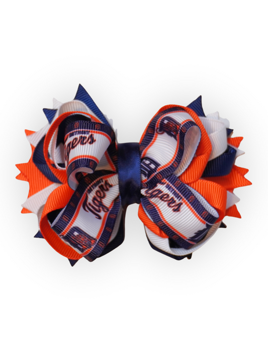 Handmade Detroit Tigers-inspired bow with navy, orange, and white layered grosgrain ribbon for dogs, kids, and adults