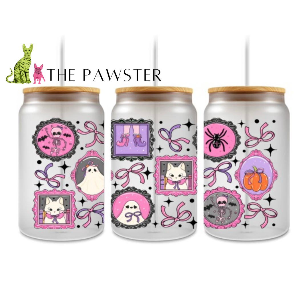 UV DTF neon gothic frames wrap with skeleton, ghost, bows, pumpkin, and spiderwebs in vibrant pink, purple, and orange on a double-sided glass can design.