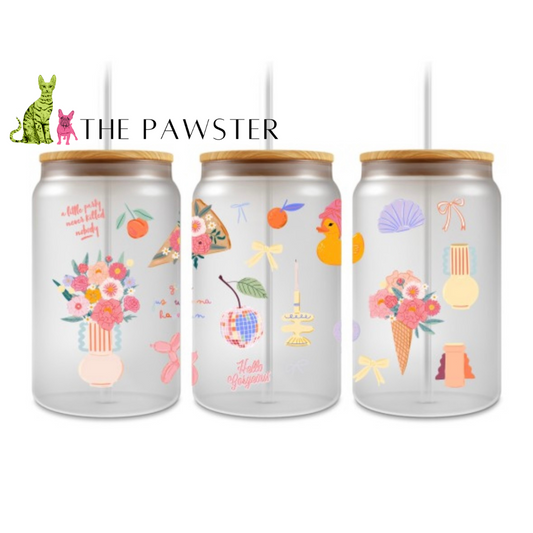 Pastel Party UV DTF cup wrap with soft colors and designs including bows, florals, fruit, and aesthetic icons.