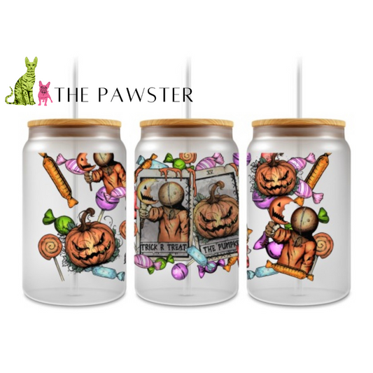 The Pawster spooky pumpkin candy UV DTF cup wrap – Halloween design with pumpkins, lollipops, and sweets