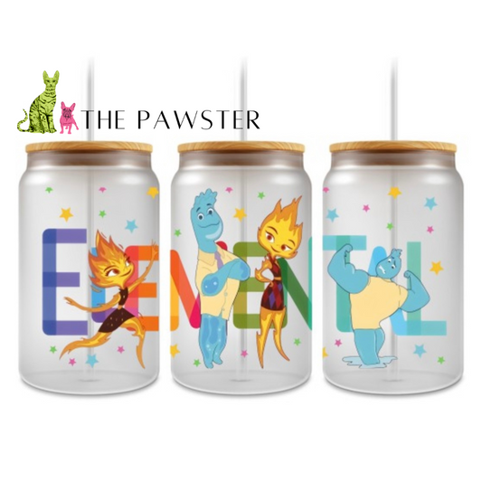 The Pawster Element-inspired UV DTF wrap with colorful fire, water, and earth characters on a clear glass can.