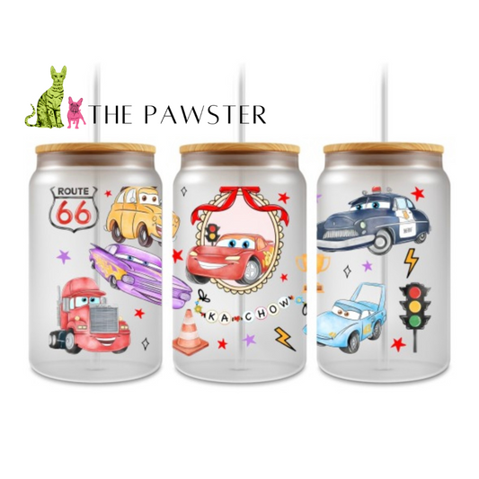 UV DTF racing cars cup wrap with red, yellow, and blue cars, Route 66 sign, and traffic light icons.