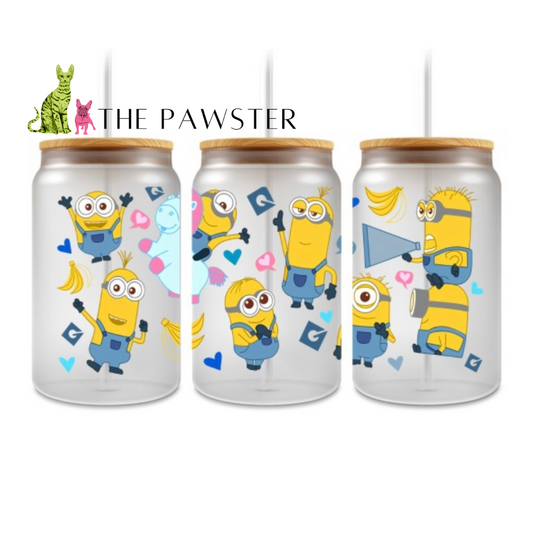Minions UV DTF wrap on 16oz glass can – yellow Minions characters with bananas, hearts, and colorful details, double-sided design.