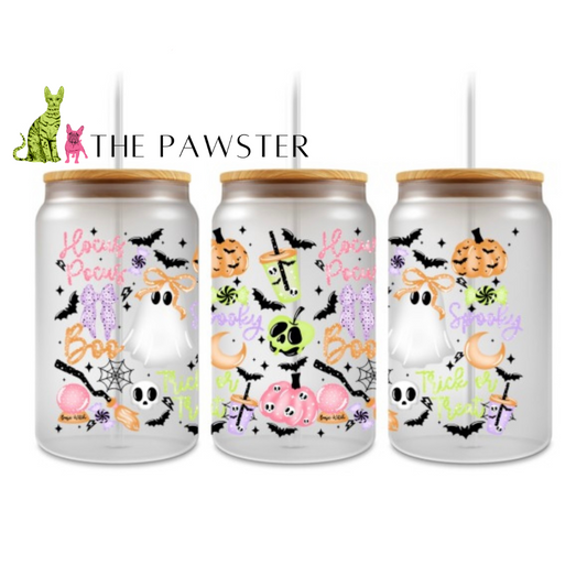 The Pawster Neon Pastel Halloween UV DTF Wrap with ghosts, pumpkins, stars, spiderwebs, and “Trick or Treat” text on a clear can.
