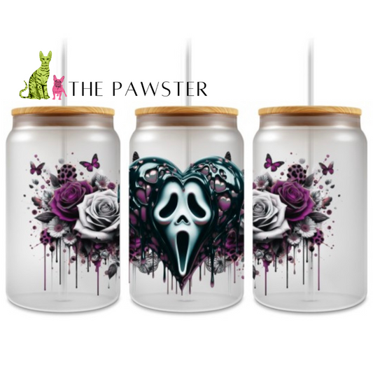 Purple gothic ghost heart UV DTF wrap with roses and butterflies – double-sided cup design