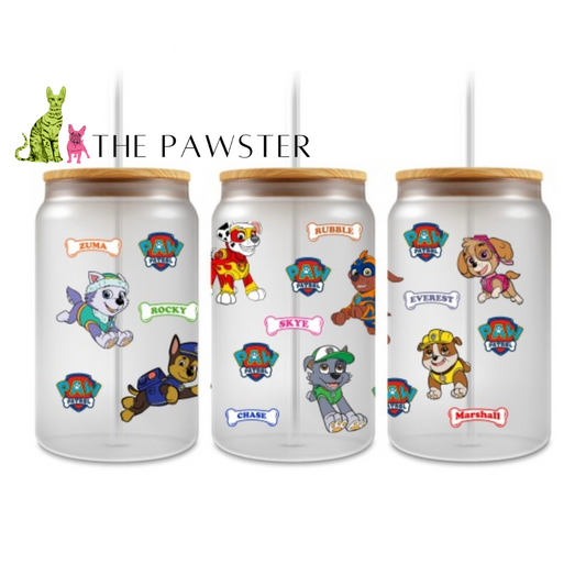 The Pawster Paw Friends Cartoon UV DTF Wrap – colorful dog-inspired decal for glass can cups