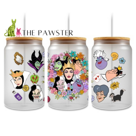 The Pawster Wicked Queens & Villains UV DTF Wrap – colorful floral design with villain faces for cups and tumblers