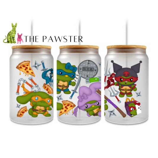 Turtle hero inspired UV DTF cup wrap with pizza, turtle characters, and action details – double-sided decal for glass cans.