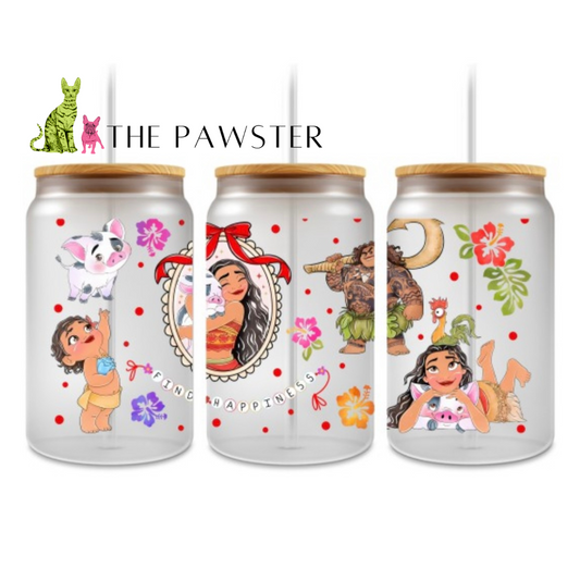 Island Adventure UV DTF wrap featuring tropical characters, hibiscus flowers, and fun island details on a frosted glass can.