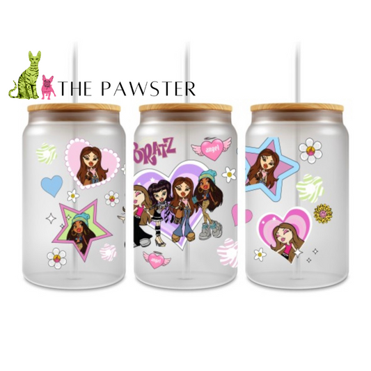The Pawster retro fashion doll inspired UV DTF wrap with heart, star, and Y2K aesthetic designs for 16oz glass can cups.