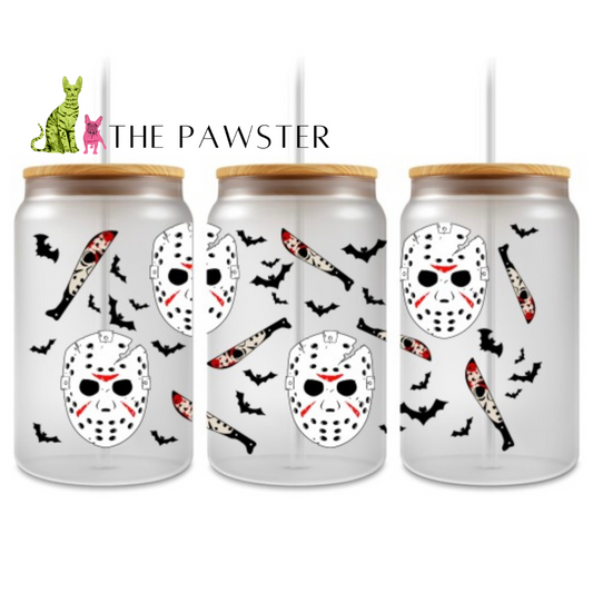 Halloween horror UV DTF wrap with scary mask, bats, and blood-splattered bats – double-sided cup decal for 16oz glass can