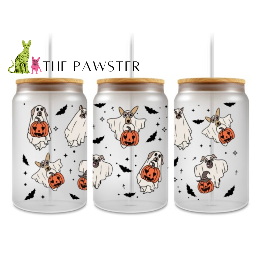 Halloween ghost dog UV DTF cup wrap with cute pups, pumpkins, bats, and stars – The Pawster.
