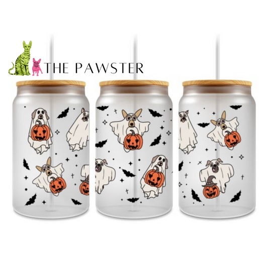 Halloween ghost dog UV DTF cup wrap with cute pups, pumpkins, bats, and stars – The Pawster.
