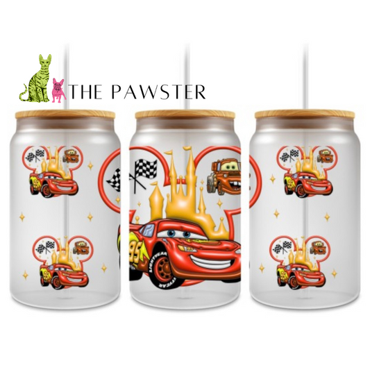 Race Day inspired UV DTF wrap with red race cars, checkered flags, and golden castle accents