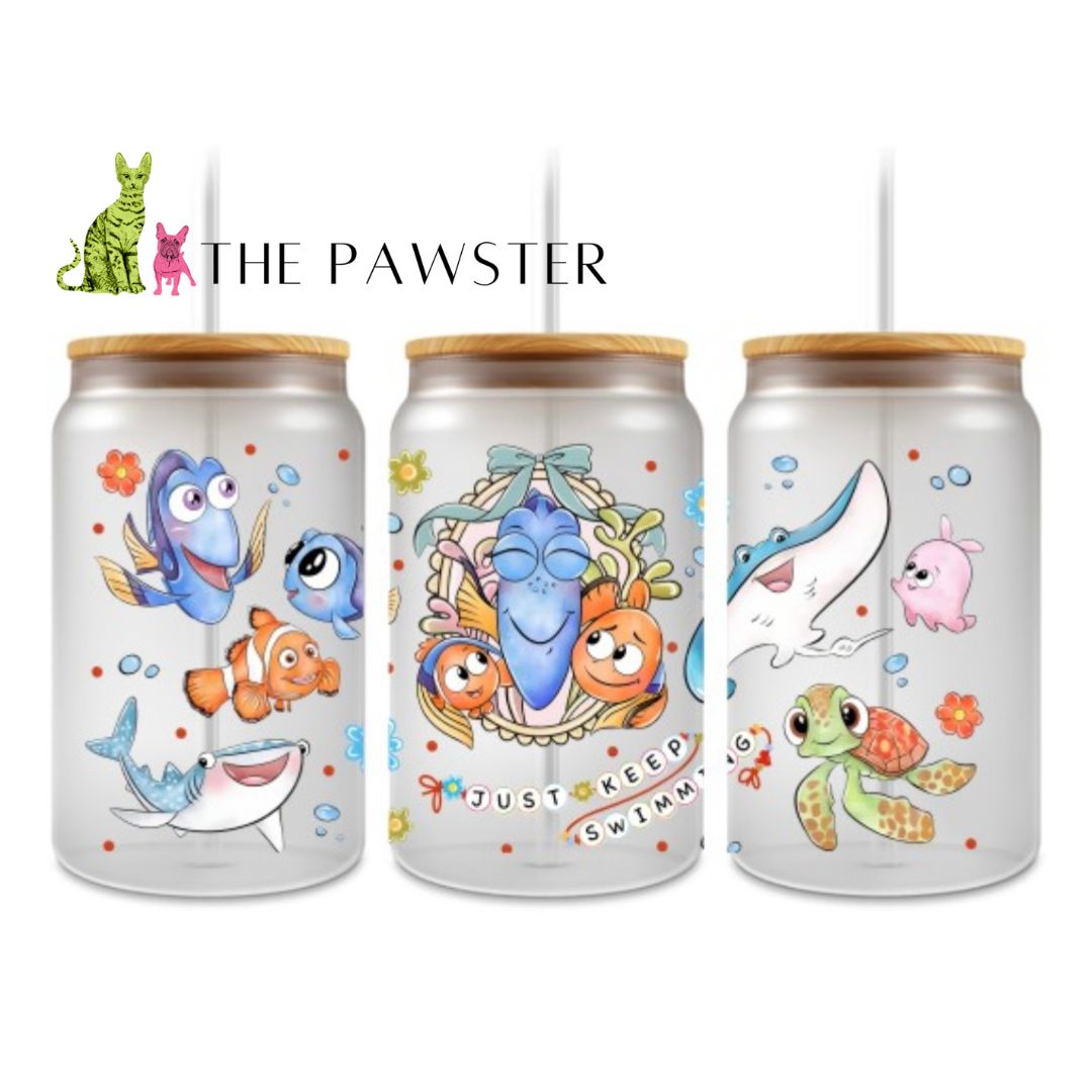 Front view of Just Keep Swimming UV DTF Cup Wrap – ocean friends design