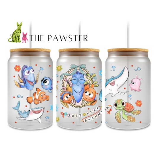 Front view of Just Keep Swimming UV DTF Cup Wrap – ocean friends design