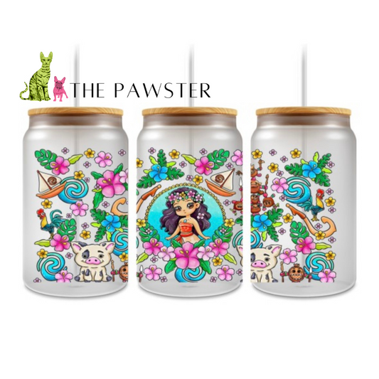 Island Adventure UV DTF wrap with tropical girl, flowers, ocean waves, pig, rooster, and island details on clear cup