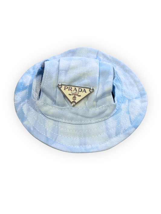 Small dog wearing lightweight bucket hat with ear openings and adjustable chin strap