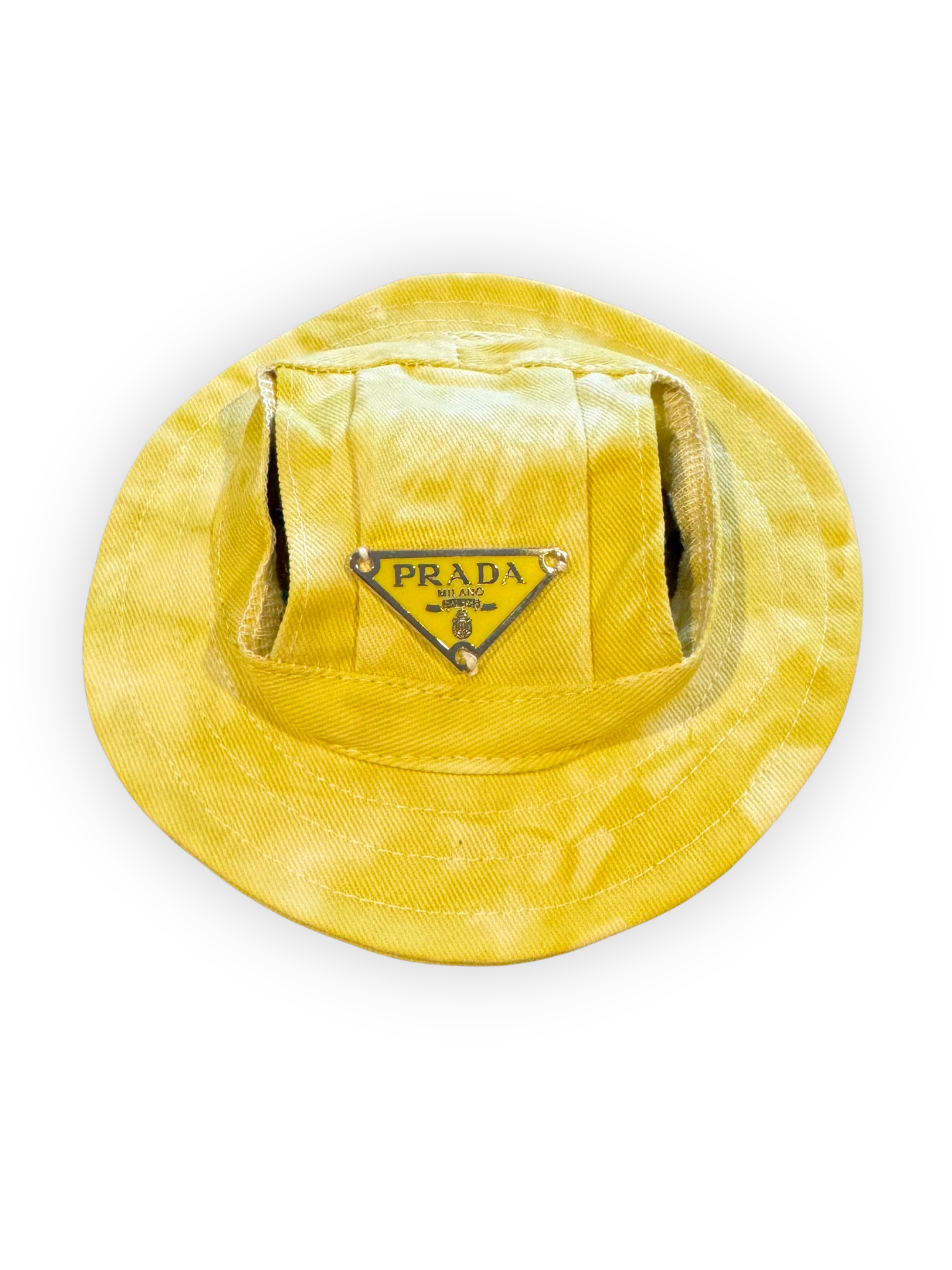 Small dog wearing lightweight bucket hat with ear openings and adjustable chin strap