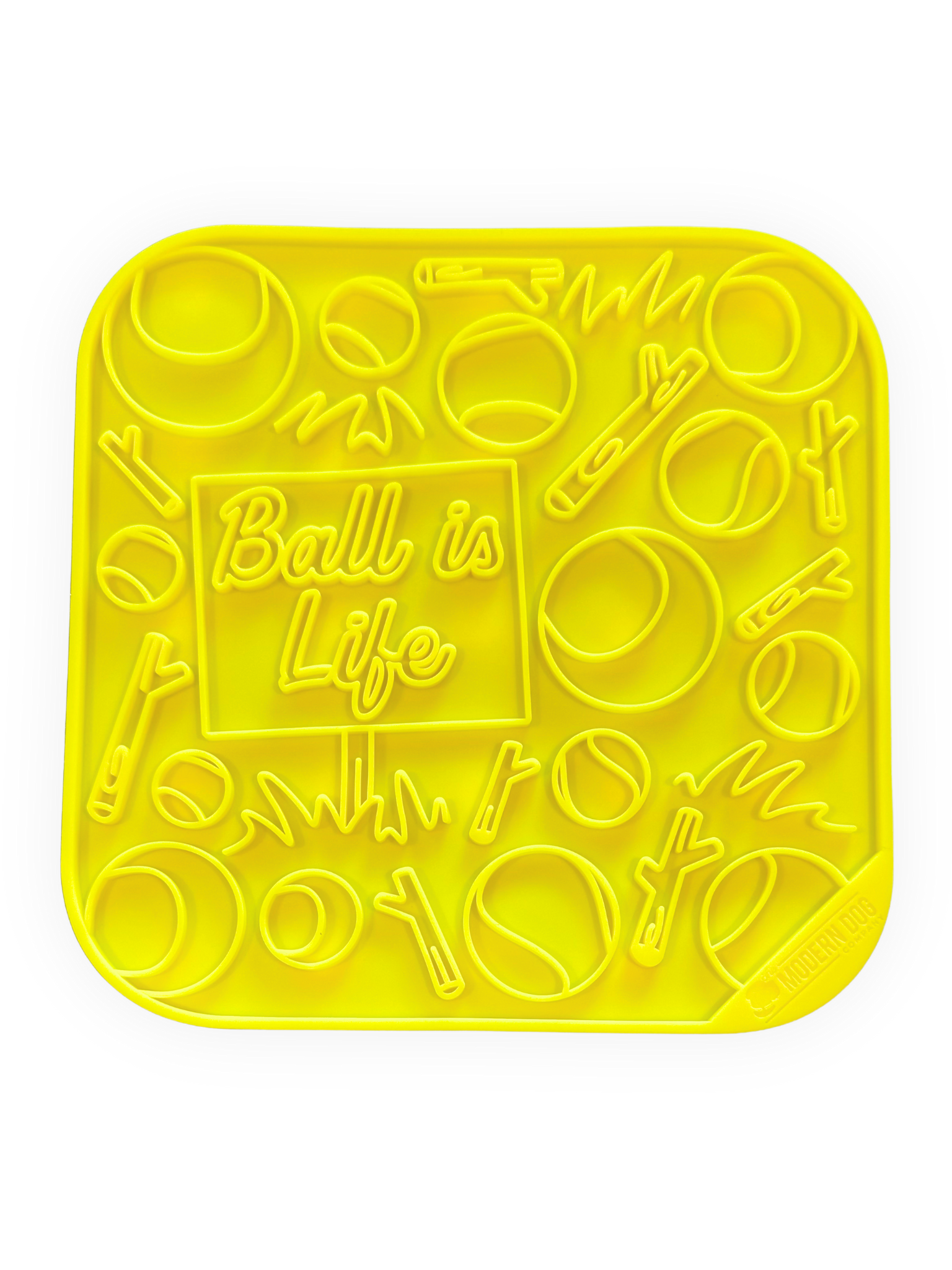 Yellow 8x8 dog lick mat with tennis ball and stick patterns – enrichment mat for ball-obsessed dogs