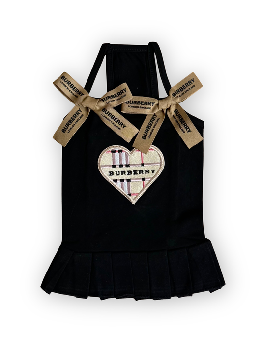 Preppy Purrberry dog dress with pleated skirt and bow straps