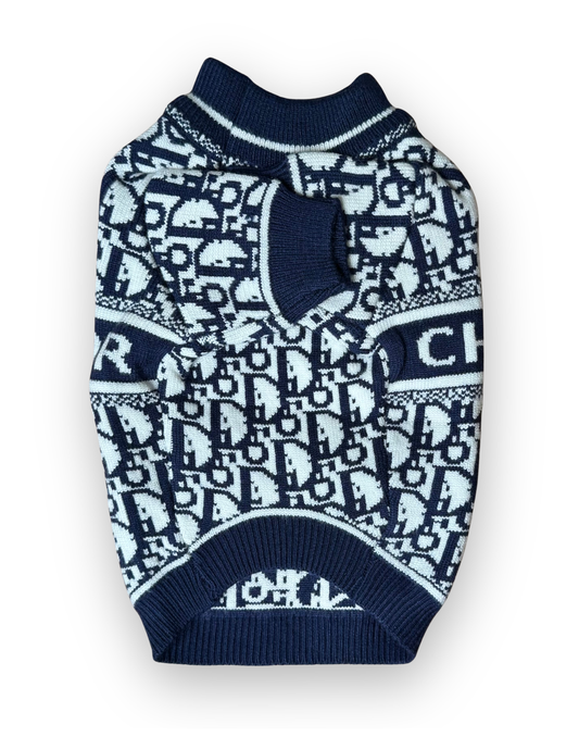 Dogior Riviera navy and white monogram-inspired knit dog sweater back view by The Pawster