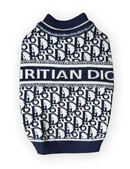 Dogior Riviera navy and white knit dog sweater front view by The Pawster