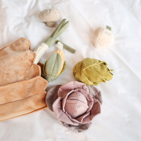 Lambwolf Collective Farmer’s Market dog toy set with 7 interactive toys including corn, artichoke, leek, cabbage, guu, momo, and market bag