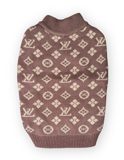 Furry Vuiton Truffle chocolate brown and tan knit dog sweater front view by The Pawster